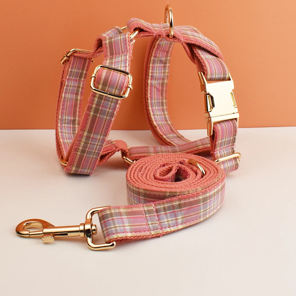 Plaid Dog Collar And Leash Set For Dogs Custom Engraved Nameplate Pet Supplies Dog Leash Grid 14